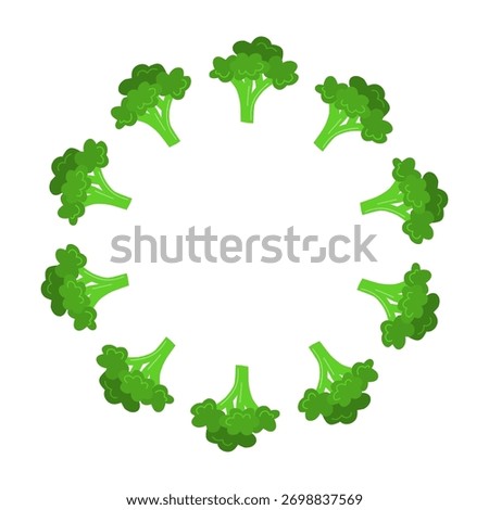 Round wreath with cute flat broccoli isolated on white background. Circle frame with vegetables.