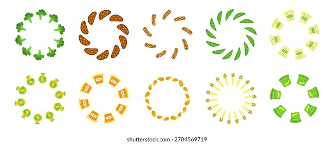 Round wreath with cute flat vegan high protein food isolated on white background.