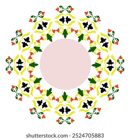 Round wreath damask green, red, and yellow with white design round ornament abstract pattern; classic traditional style; illustration vintage design; damask flower pattern. Ideally for all decoration.