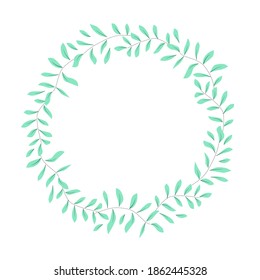 Round wreath of delicate mint green branches and leaves with place for text. Hand drawn plant clip art for card invitation social media template. Stock vector flat illustration isolated on white.