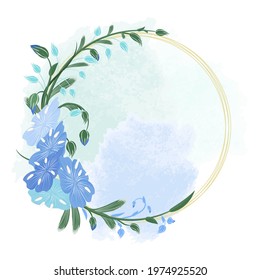 Round wreath of flax flowers, stems, buds and golden rings. Blue flax in the form of a frame for cards and invitations on a watercolor background in pastel colors. Vector illustration for date day.