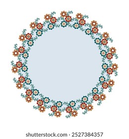 Round wreath of flower branches and leaves with place for text. Hand-drawn ikat pattern plants clip art for cards, wreaths. Ideally for all decoration.