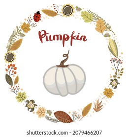Round wreath with flowers, pumpkin lettering.