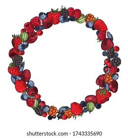 Round wreath of forest and garden berries on a white background.Vector sketch illustration