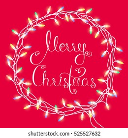 Round wreath or frame of colored electric garlands with light bulb with a greeting Merry Christmas in white on a red background. Isolated. Card. Hand drawn vector illustration