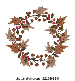 Round wreath, frame from colorful plants in trendy autumn shades. Copyspace. Template for lettering