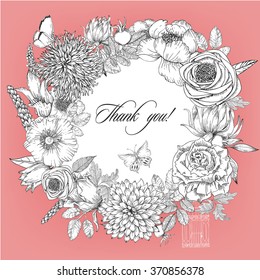 round wreath frame of different flowers. Vector illustration