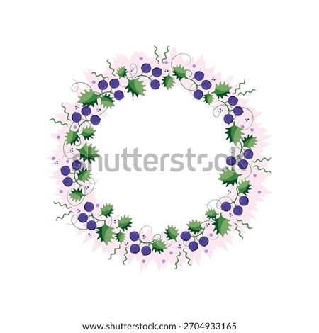A round wreath or frame of drawn black currant berries and leaves, as well as abstract twigs and elements