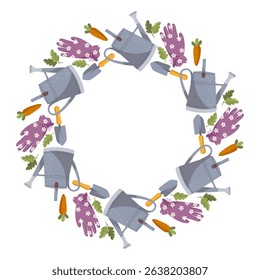 Round wreath, frame with garden tools, clothes, flowers, plants vector flat illustration isolated on white. Gardening or agriculture equipment banner in a circle. Cute spring wreath card template.