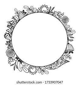 Marco corredizo redondo de elementos gráficos florales y herbales. Ilustración vectorial en blanco y negro en estilo doodle para invitaciones de diseño de bodas, tarjetas, logotipos, tarjetas de visita, impresión, embalaje, portada.