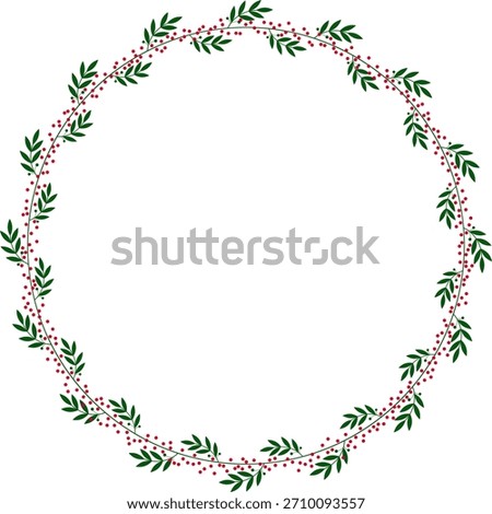 Round wreath frame of green leaves and red berries