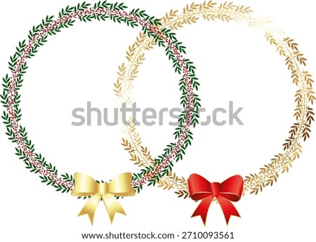 Round wreath frame of green leaves and red berries, golden wreath of leaves and berries