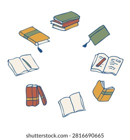 Round wreath frame with hand drawn books, stack of notebooks, open journals and bookmarks isolated on white background in colorful doodle style