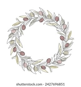 Runder Kranzrahmen mit Olivenzweigen und Früchten, durchgehende Linienzeichnung. Handgezeichnete Blumenschablone, Vektor-isolierte Illustration