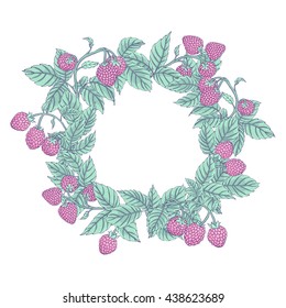Round wreath or frame of raspberry on branches on a white background. Hand drawn vector illustration.