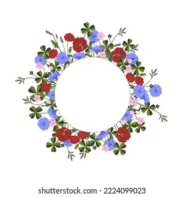 Round wreath frame Summer wildflowers and herbs vector colourful collection, space for text in the middle