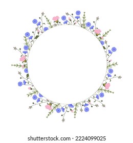 Round wreath frame Summer wildflowers and herbs vector colourful collection, space for text in the middle