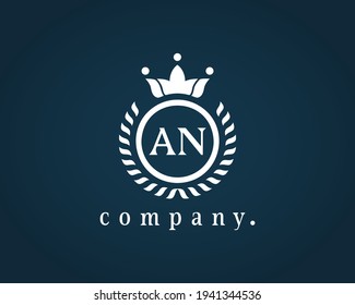 Round wreath frame vector line emblem sign symbol mark logotype. Alphabet AN, A N laurel wreath template Luxury monogram letter with a crown. Graceful logo design modern minimal style illustration.