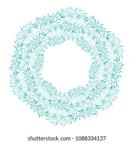 Round wreath of green branches. Frame of delicate leaves for invitation cards, postcards and your design