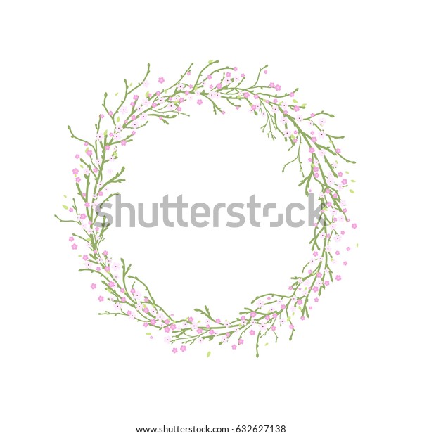 Round Wreath Green Branches Pink Flowers Stock Vector (Royalty Free