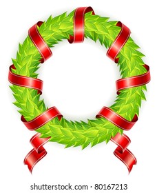 Round wreath of green laurels with ribbon on white background vector illustration