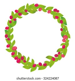 Round wreath with green leaves and red pink cranberry cowberry Fresh juicy berries isolated on white background. Vector