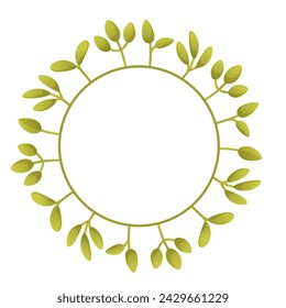 Round wreath of green leaves. Spring summer decorative wreath, round frame of foliage, grass. Round garland of green plant for the design of holiday cards, posters, wedding invitations.