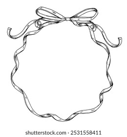 A round wreath with a hand-drawn ribbon and bow frames border the center of this card. The black and white vector illustration provides ample copy space for a personalized greeting or holiday message