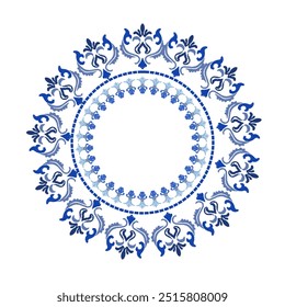 Round wreath ikat luxury blue design, round ornament floral abstract pattern, classic Victorian traditional style, illustration vintage design, ikat flower pattern. Ideally for all decoration.