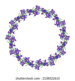 Corona redonda de flores de iris. Marco con composición primaveral floreciente con plantas y hojas. Decoración festiva para bodas, vacaciones, postales y diseño. Ilustración plana del vector