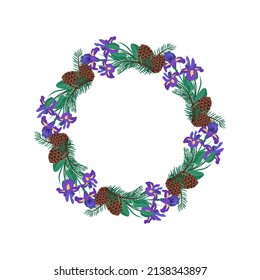 Round wreath of iris flowers with spruce needles and cones. Spring flowering composition or frame with leaves. Festive decoration for wedding, holiday and postcard. Vector illustration