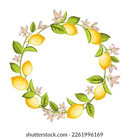 Runder Kranz des Zitronenzweiges . Rahmen aus Zitronen-Berrie, Blatt und Blumen.