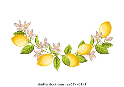 Round wreath of lemon branch . Frame made of lemons berrie, leaf and flowers.