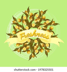 Round wreath of lemon branches with a ribbon. For the lemonade label, summer designs, fresh design.