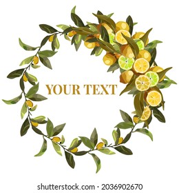 Round wreath of lemon branches. Vector wreath for lemonade labels, summer designs, summer cafes, summer menus, banner ad