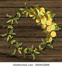 Round wreath of lemon branches. Vector wreath for thanksgiving designs, menus, banner ad, postcards, greetings