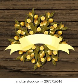Round wreath of lemon branches. Vector wreath for thanksgiving designs, menus, banner ad, postcards, greetings