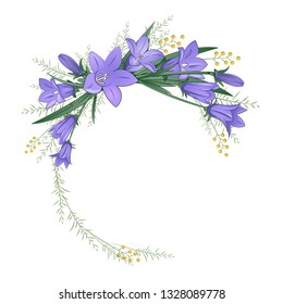 Round wreath made of blue bells,  companula.Template for spring and summer greeting cards.  Can be used for your design, greeting cards, wedding announcements, posters with space for text 