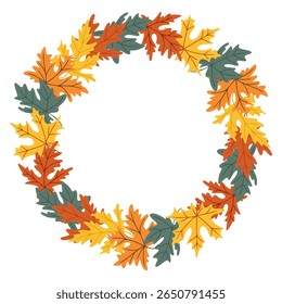 Round wreath made of colorful autumn maple leaves in orange, yellow, and green tones with empty center. Concept of fall decoration, seasonal celebration, and natural elegance.