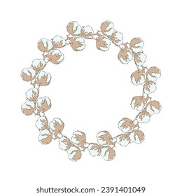 Round wreath made from flowers of cotton plants, with textured flower boxes, natural raw materials for eco-textile industry, production of high quality cotton fabric. Vector illustration