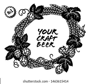 Round wreath made from hop cones and ears of barley. Space for text. Elements for brewery design,  beer production,  pub, bar decoration. Hand drawn vector illustration isolated on white background. 