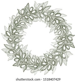 Round wreath made of olive branch with space for text.  Vintage hand drawn sketch vector illustration, linear graphic ink art. Linear graphic.