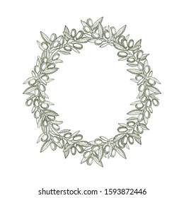 Round wreath made of olive branch with space for text.  Vintage hand drawn sketch vector illustration, linear graphic ink art. Linear graphic.