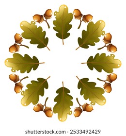 Round wreath of oak leaves and acorns. Autumn wreath of round shape with empty space for text. Frame of autumn leaves on white background.