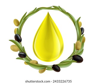 Round wreath of olive branches and drop of olive oil with green and black fruits. Isolated on a white background. Stock vector illustration