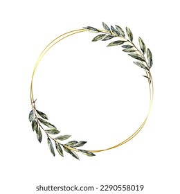 Round wreath of olive branches. Olive leaves in a round gold frame. Vector illustration.