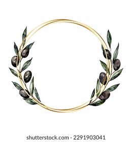 Round wreath of olive branches. Olive leaves and black olives in a round gold frame. Vector illustration.