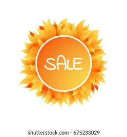 Round wreath of orange autumn bright leaves with new collection announcement on white background. Shop label. Autumn advertisement frame on white background. Vector illustration.