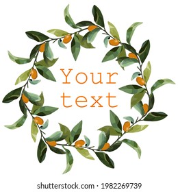 Round wreath of orange branches. Vector wreath for lemonade labels, summer designs, summer cafes, summer menus, banner ad.