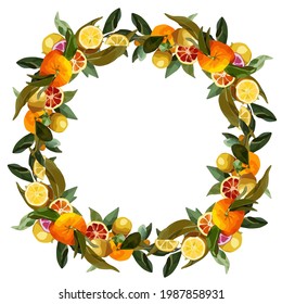 Round wreath of orange branches. Vector wreath for lemonade labels, summer designs, summer cafes, summer menus, banner ad